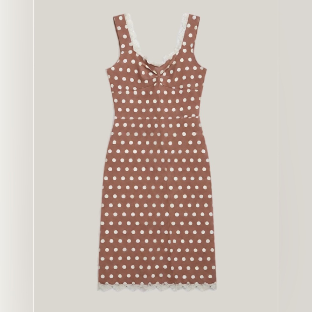 Coquette Dusty Rose & White Polka Dot Midi Dress Lace Trim Milkmaid Style Size S